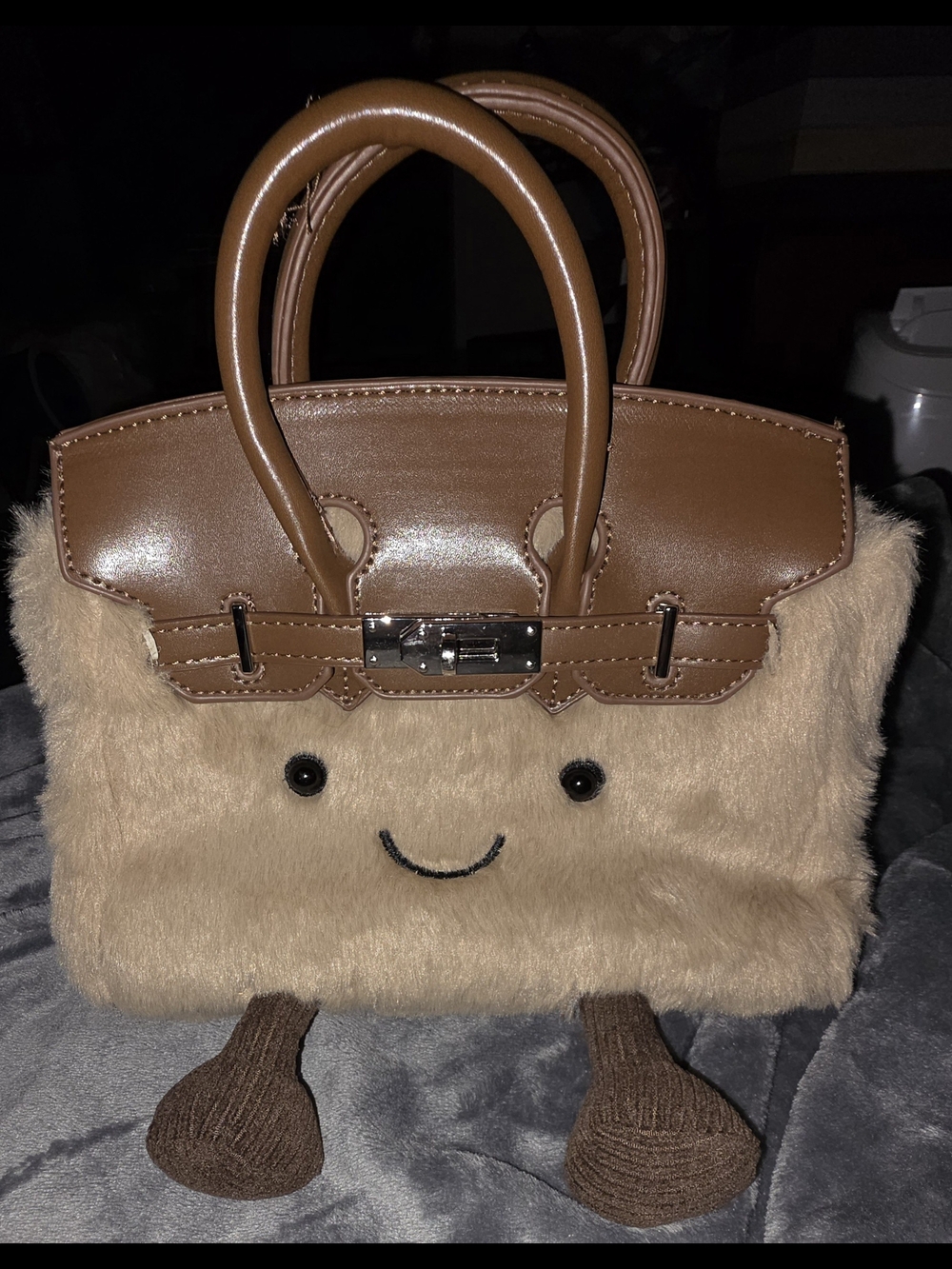 Jellycat Birkyn InspiredPlush Brown Faux Fur Novelty Tote Bag with Top Handles